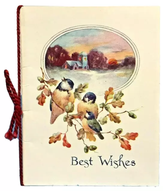 Vintage Christmas Greetings Card Blue Tit Birds Poem Verse Red String Wildt Kray