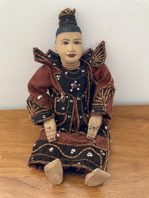 Antique Ornate Asian Hand Crafted Burmese Sequin Fabric Vtg Puppet Marionette