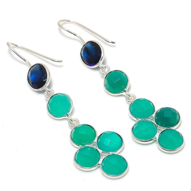 Green Jade Gemstone handmade 925 Sterling Silver Jewelry Earring 2.60 " I607