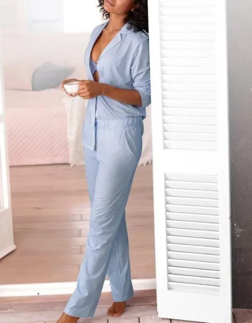 Marken Pyjama Damen Schlafanzug Nachtwäsche Gr. 36/38 Blau Weiss