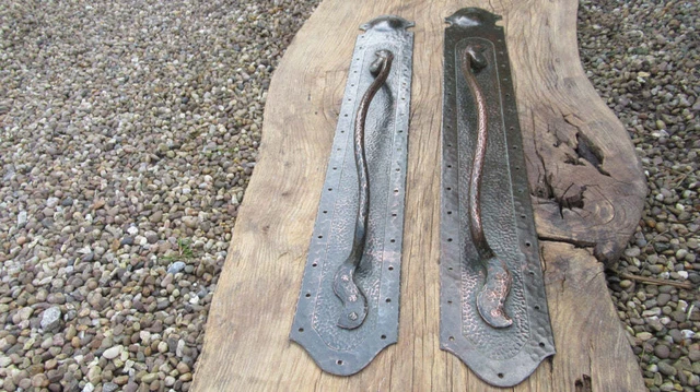 Pair Large Arts & Crafts / Art Nouveau Hammered Copper Pull Door Handle - 29"