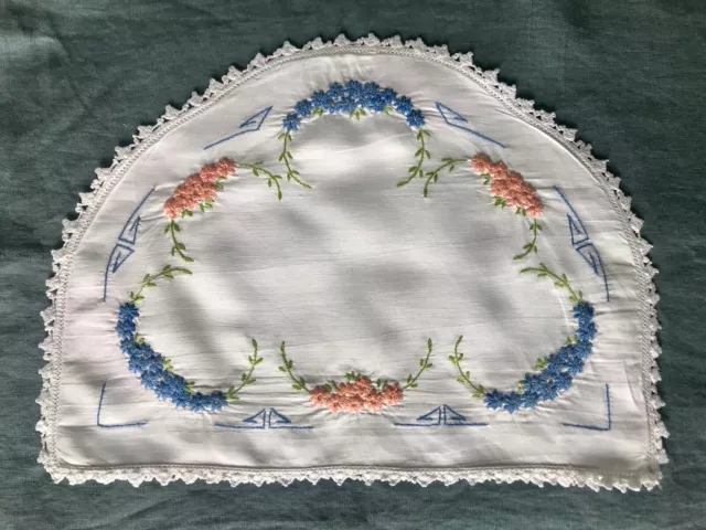 Vintage Linen Tea Cosy Hand Embroidery Flowers Crochet Trim