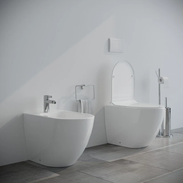 Set WC Con Bidet A Terra - Vaso Rimless (senza Brida), Coprivaso A Chiusura Soft, Colore Bianco, Moderno