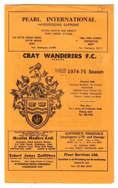 Cray Wanderers v Barking - 1974-75 London Senior Cup - Football Programme