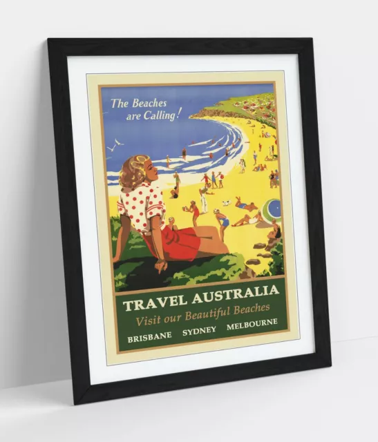 Vintage Retro Australia Travel Poster -Framed Wall Art Picture Print- Blue Green