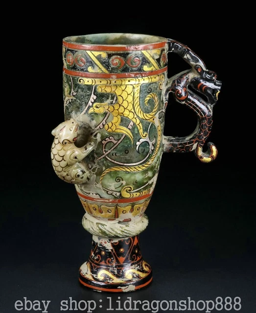 5.8" Chinese Natural Hetian Jade Gilt Carving Dragon Pixiu Beast Cup Paintings