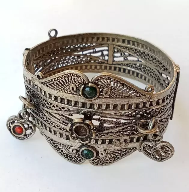 Ancient Old Victorian Silver Bracelet Cuff With Carnelian Stones Amazing Bangle