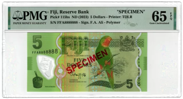 2023 Fiji P115 5 Dollar Banknote UNC Birds Flora Fauna Speimen PMG 65