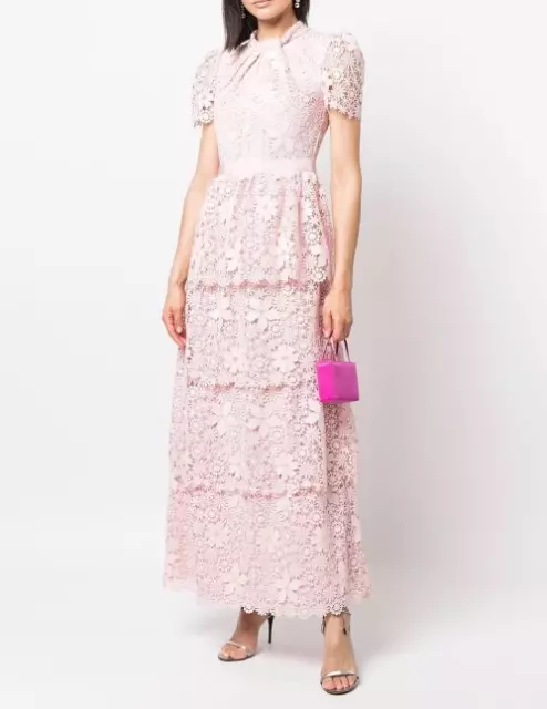 Self-Portrait Pink Lace Maxi Dress Short Sleeve Cupcake Long Dress for Women