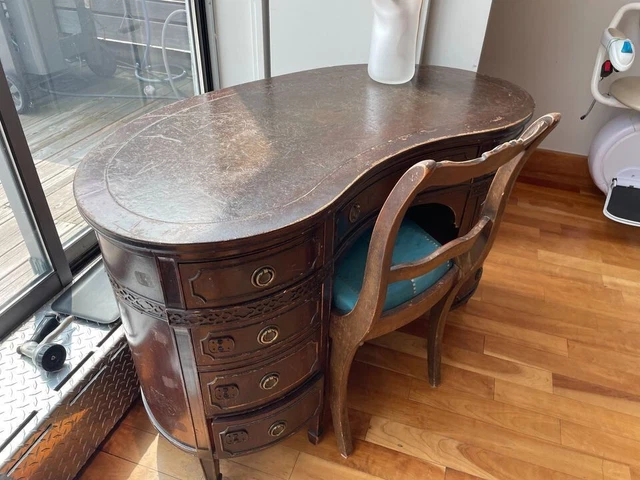 Elegant Kidney-Shaped Mahogany Antique Desk - With Reupholstered Chair