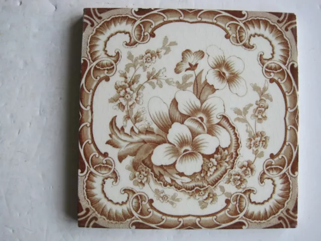 ANTIQUE VICTORIAN T.G.& F. BOOTH FLORAL TRANSFER PRINT WALL TILE- C1897 No.639