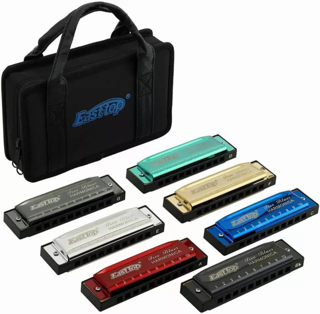 EASTTOP Paquet de 7 Harmonicas Blues Diatonique 10 trous Ensemble professionnel