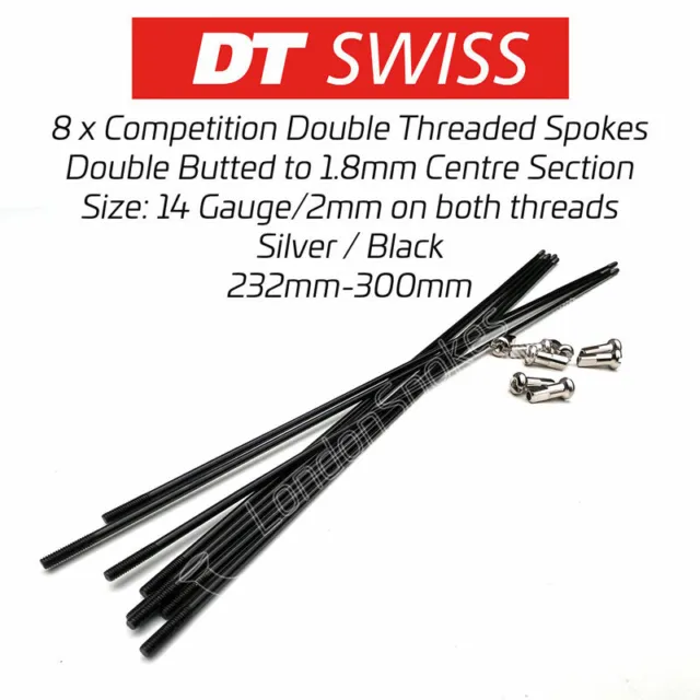 8X DT Swiss Competition Doppelgewinde Doppelstoßspeichen, 232-300 mm schwarz/slvr