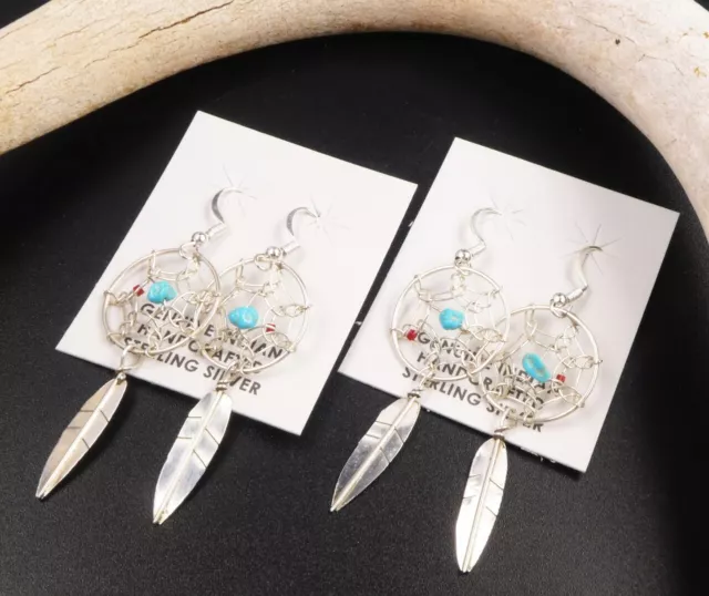 Lot of 2 Native American Sterling Silver Dream Catcher Feather Drop Earrings