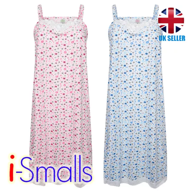 i-Smalls Ladies Cotton Lace Strappy Long Floral Summer Nightdress Chemise