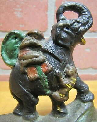 Antique HUNTER TIGER ELEPHANT Bookends cast iron orig old paint small detailed