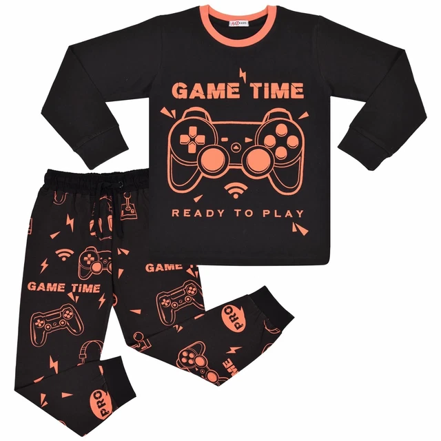 Kids Girls Boys Pyjamas Game Time Contrast Top Bottom 2 Piece PJS Sleepwear Set