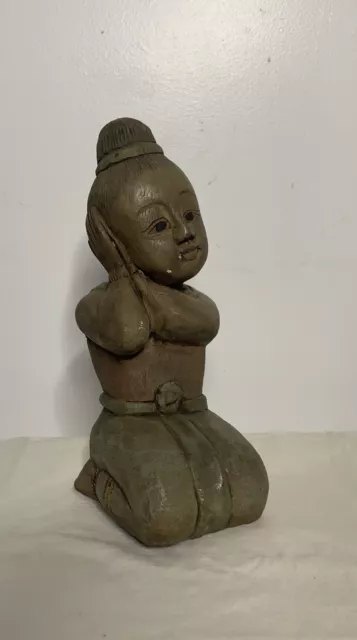 Vintage Carved Wood Asian Child Buddha Sculpture