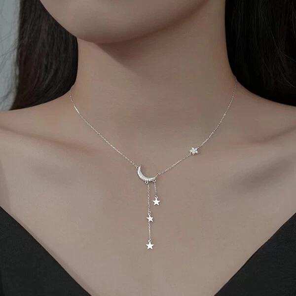 925 Silver Filled Star Moon Pendant Chain Necklace Womens Girls Jewellery Choker