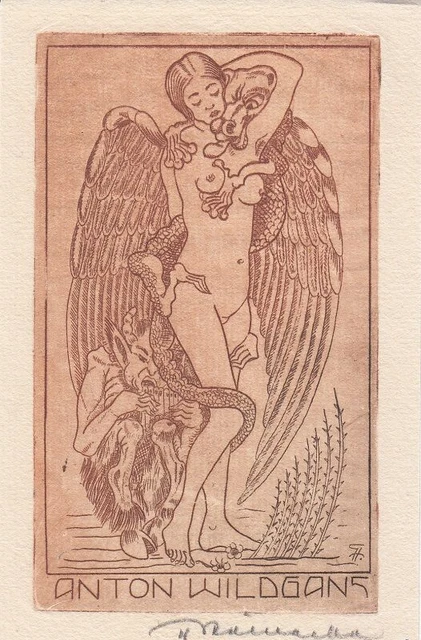Exlibris Bookplate Radierung Walter Steinecke 1888-1975 Teufel Engel Pan Akt