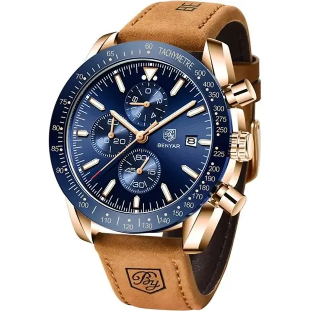 Montre pour Homme Chronographe BENYAR cadran Bleu Cuivre Bracelet Cuir Marron