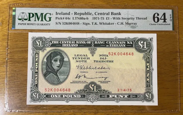 Ireland Republic £1 Pound 1975 P64 Low S/N CU UNC PMG 64 Lady Lavery Irish Punt