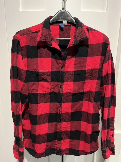 H&M Men's Divided Red Black Buffalo Check Flannel Long Sleeve Button Up Shirt M
