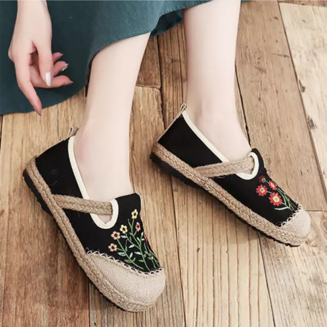 Lady Chinese Ethnic Shoes Floral Embroidery Canvas Linen Slip on Loafers Casual