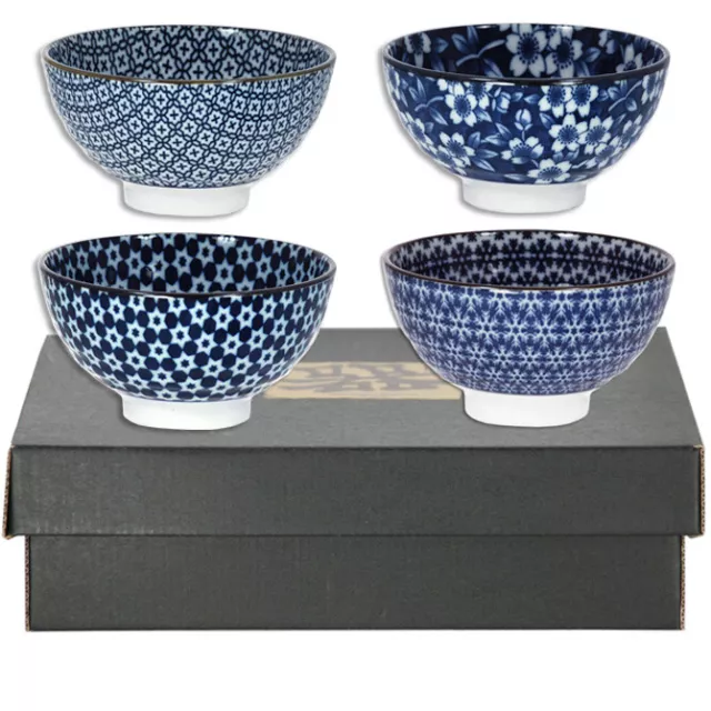 SET of 4 Japanese 4.5"D Porcelain Rice Soup Bowls Blue Assorted Made in Japan