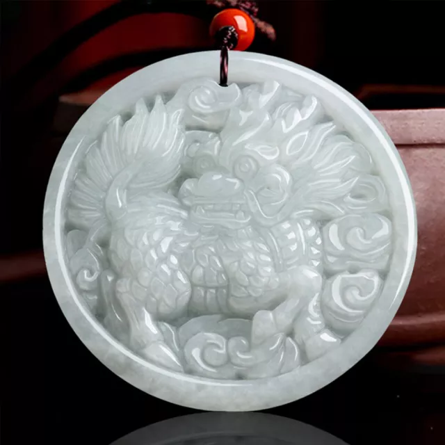 Grade A Natural Green White Jade Jadeite Round Pendant Carved Kylin Cloud Amulet