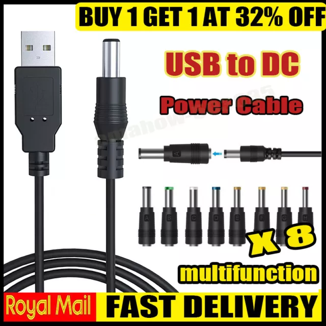 USB-A to 3.5-5.5mm Barrel Jack Male DC 5V power charger plug adapter cable lead.