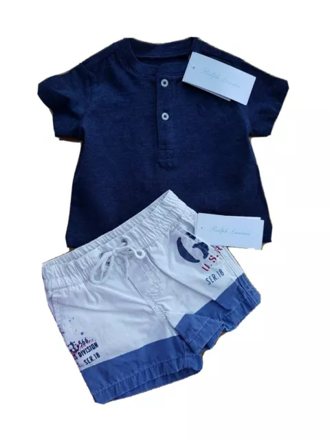 Set pantaloncini Ralph Lauren bambino blu heather nuovi con etichette taglia 3 6 mesi ULTIMO 1