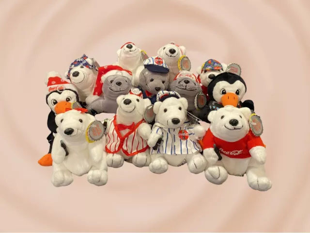Lot of 14 Vintage Coca Cola Bean Bag Plush Polar Bears, Sea Lions & Penguins.