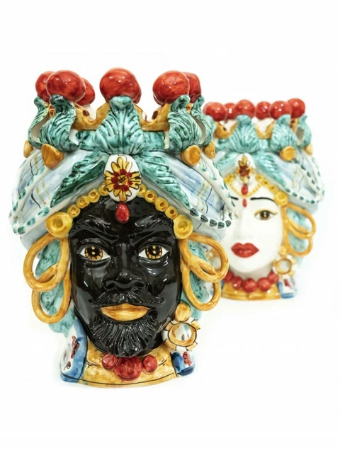Teste Di Moro Coppia Re E Regina – Ceramica Siciliana Di Caltagirone, Vaso 12x18 Cm, Stile Artigianale