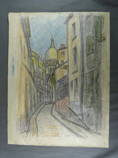 Henri BOULAGE (1882-1967) Aquarelle Original gouache, rue de Norvins Montmartre