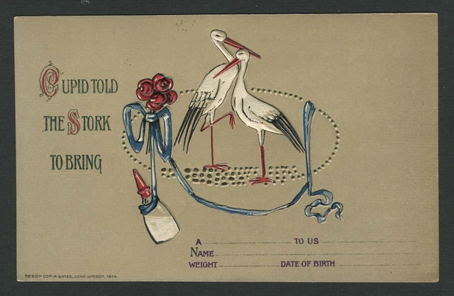 1914 JOHN WINSCH Postcard CUPID TOLD THE STORK TO BRING Birth Announcement