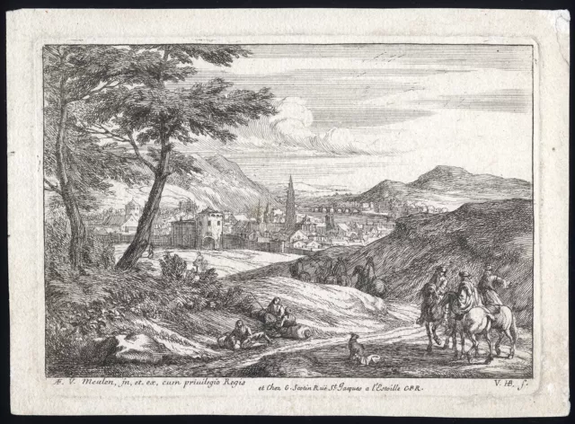 Antique Master Print-LANDSCAPE-TRAVELLER-Van Huchtenburg-Van der Meulen-ca. 1690