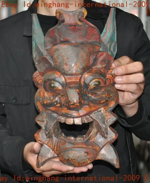China old wood painted Carved fengshui sacrifice devil beast head statue Mask
