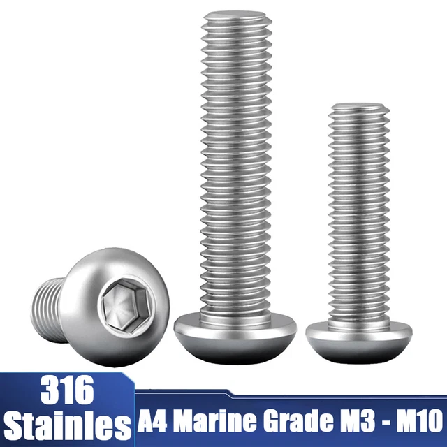 BUTTON HEAD SCREWS, Allen Key Socket Dome Bolts A4 Stainless Steel M3
