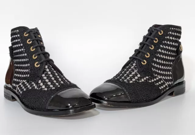 CHANEL TWEED CALFSKIN Cap Toe Monochrome Ankle Boots Size 36C EU, 3 UK