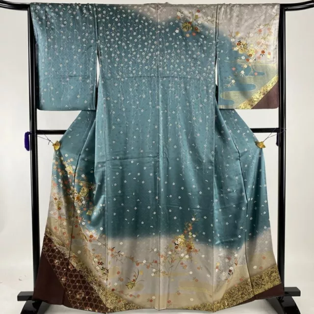 Woman Japanese Kimono Houmongi Silk Shikishi Branch Flower Gold Foil Blue Green