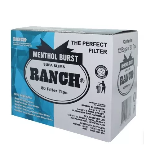 Ranch Supa Slim Menthol Cigarette Filters, 12 Bags