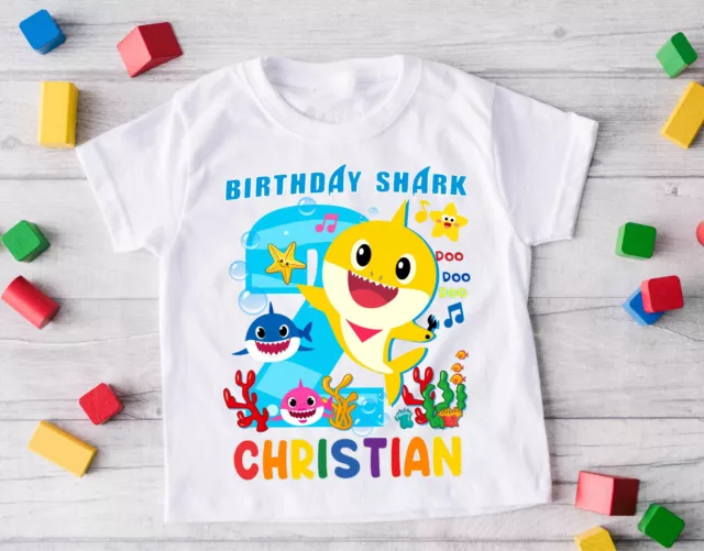 Shark  Baby Custom Birthday T shirt kids size 4 White short sleeve