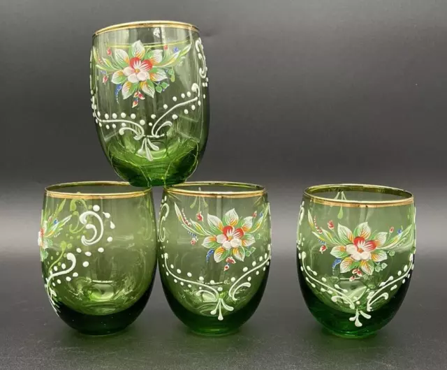 VTG Czech Emerald Green Glass Hand Painted Enameled Flowers Gold Gilt -Set of 4