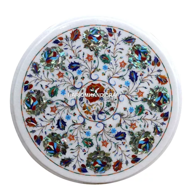 White Marble Inlay Round Coffee Top Table Pauashell Art Stone Floral Decor H4318