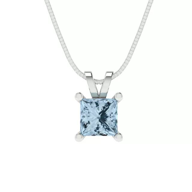 0.50 ct Princess Cut Sky Blue Topaz Pendant Necklace 16" chain 14k White Gold