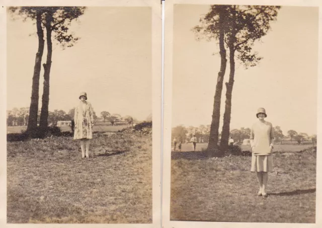 Two Beautiful c1920s/1930s Photos Ladies In Park Tree Art Deco Styles Fashion