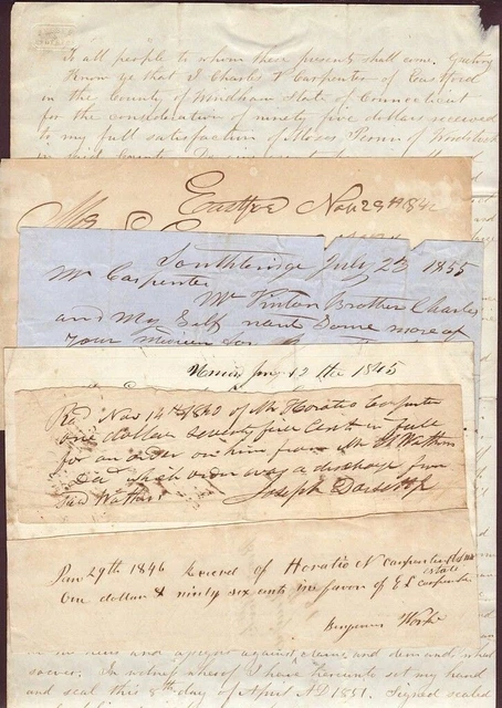 LOT 1840s antique CARPENTER FAMILY 6pc EPHEMERA~DEED,HANDWRITTEN,RECEIPTS
