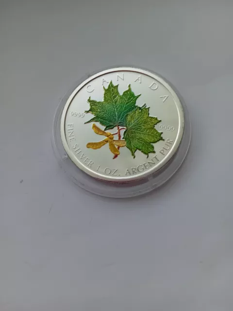 Kanada 5 $ 2002 Maple Leaf  Ahornblatt mit Samenkapsel color  1 OZ Silber .999