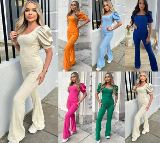 Womens Satin Frill Puff Sleeve Top Bottom Ribbed Co Ord Loungewear Tracksuit Set